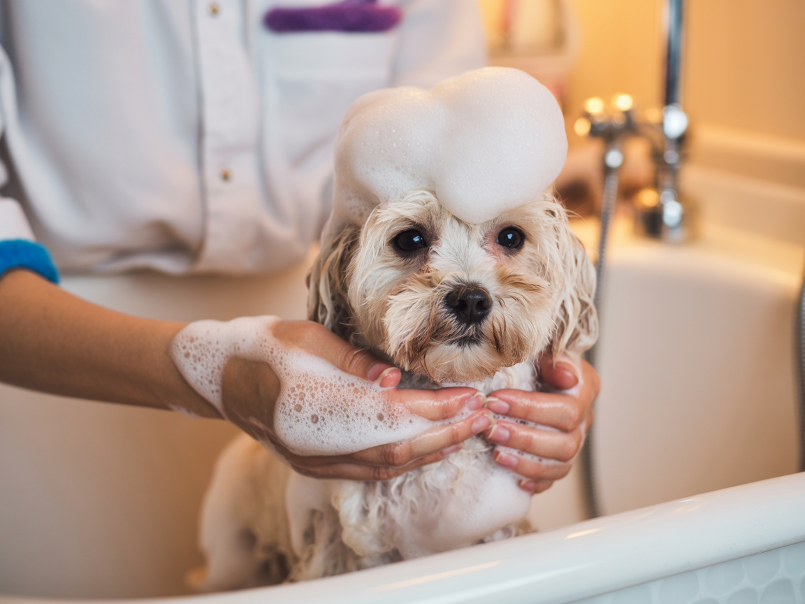 Kleiner Hund wird sanft gebadet im mobilen Hundesalon Rosenberger